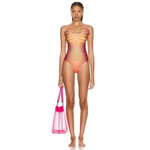 Jean Paul Gaultier Printed Morphing Stripes Swimsuit in Red & Orange Medium New